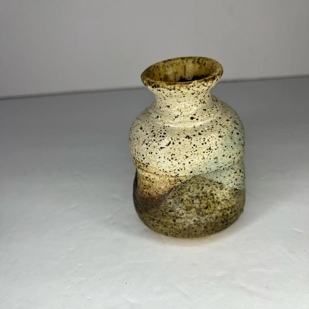 Vintage mid-century stoneware vase hand painted‎ abstract organic shape